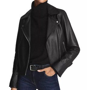 Reiss - Geo Leather Moto Jacket in Black